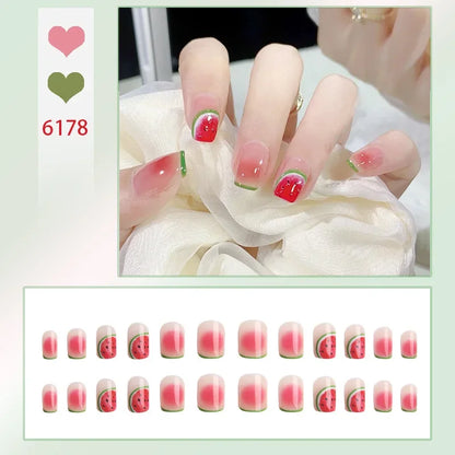 24Pcs Frozen Watermelon Kawaii Coffin Nails - Cute and Playful Handmade Press-On Nail Art Set for Women & Girls - 65 Different Model