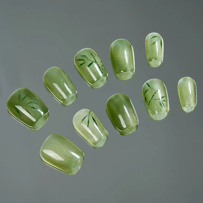 10Pcs Handmade Traditional Chinese Bamboo Green Cat Eye Design Press-On Nails - Reusable Manicure Art for Girls