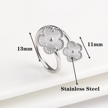 Classic Luxury Clover Metal Stainless Steel Five-Leaf Flower Open Ring - Fashion Jewelry for Women & Girls