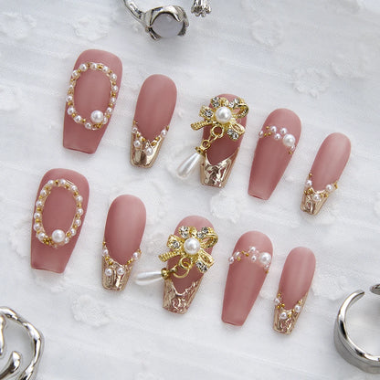 Luxury Handmade Press-On Nails Set with Pearl Decoration & Tool Kit - Long Acrylic False Nail Tips