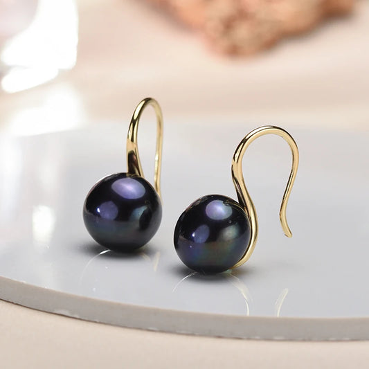 9-10mm Natural Black Freshwater Pearl Earrings – 925 Sterling Silver Studs for Women – Elegant Gift Jewelry