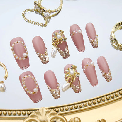 Luxury Handmade Press-On Nails Set with Pearl Decoration & Tool Kit - Long Acrylic False Nail Tips