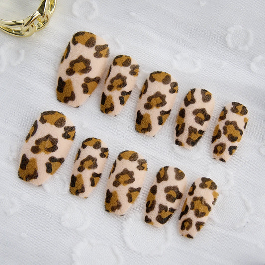 Chic Flocking Leopard Print Press-On Nails - Short Full Cover Handmade Velvet False Nail Tips for Women & Girls