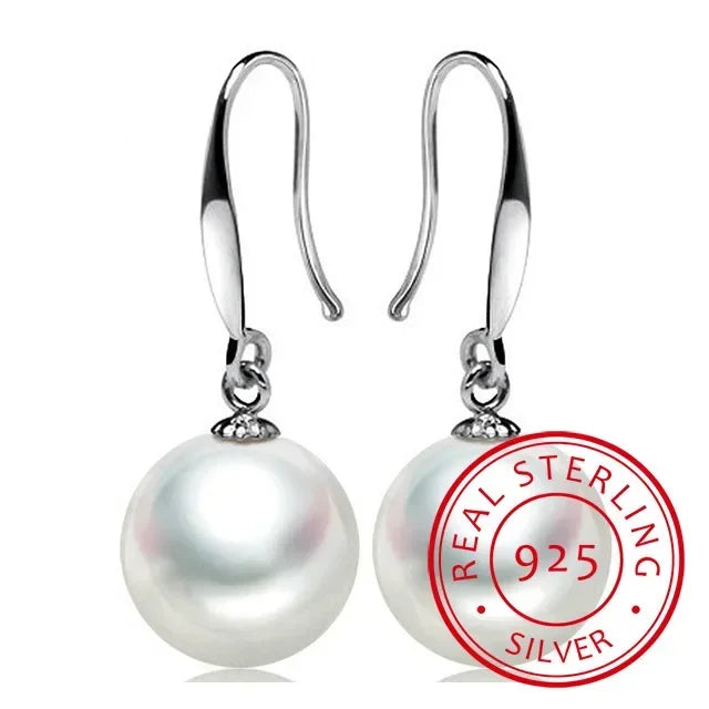 10mm Pearl Drop Earrings – 925 Sterling Silver Jewelry for Women – Elegant Wedding & Party Gift