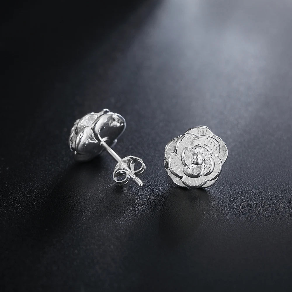 925 Sterling Silver Rose Flower Stud Earrings – Elegant Floral Jewelry for Women, Perfect for Weddings, Parties, and Special Occasions