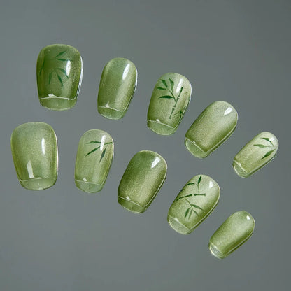 10Pcs Handmade Traditional Chinese Bamboo Green Cat Eye Design Press-On Nails - Reusable Manicure Art for Girls