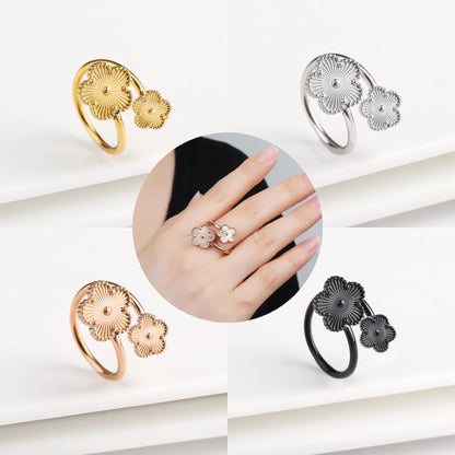 Classic Luxury Clover Metal Stainless Steel Five-Leaf Flower Open Ring - Fashion Jewelry for Women & Girls