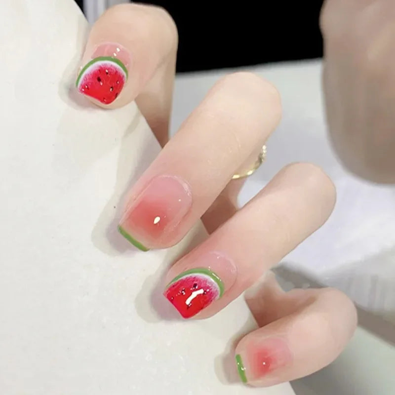 24Pcs Frozen Watermelon Kawaii Coffin Nails - Cute and Playful Handmade Press-On Nail Art Set for Women & Girls - 65 Different Model