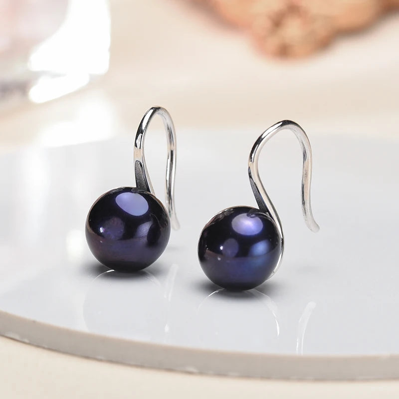 9-10mm Natural Black Freshwater Pearl Earrings – 925 Sterling Silver Studs for Women – Elegant Gift Jewelry