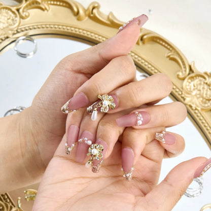 Luxury Handmade Press-On Nails Set with Pearl Decoration & Tool Kit - Long Acrylic False Nail Tips