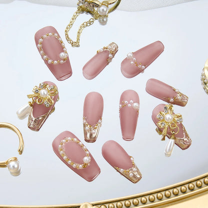 Luxury Handmade Press-On Nails Set with Pearl Decoration & Tool Kit - Long Acrylic False Nail Tips