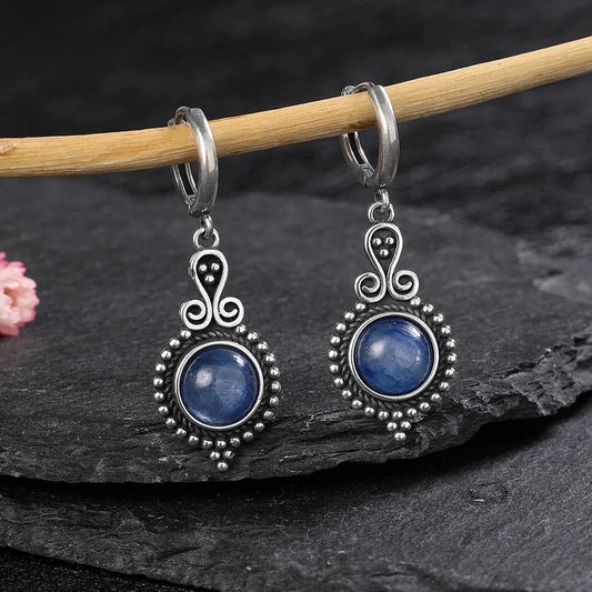 Elegant Natural Kyanite 925 Sterling Silver Drop Earrings – Vintage Geometric Hoop Earrings for Women, Perfect for Weddings & Engagements