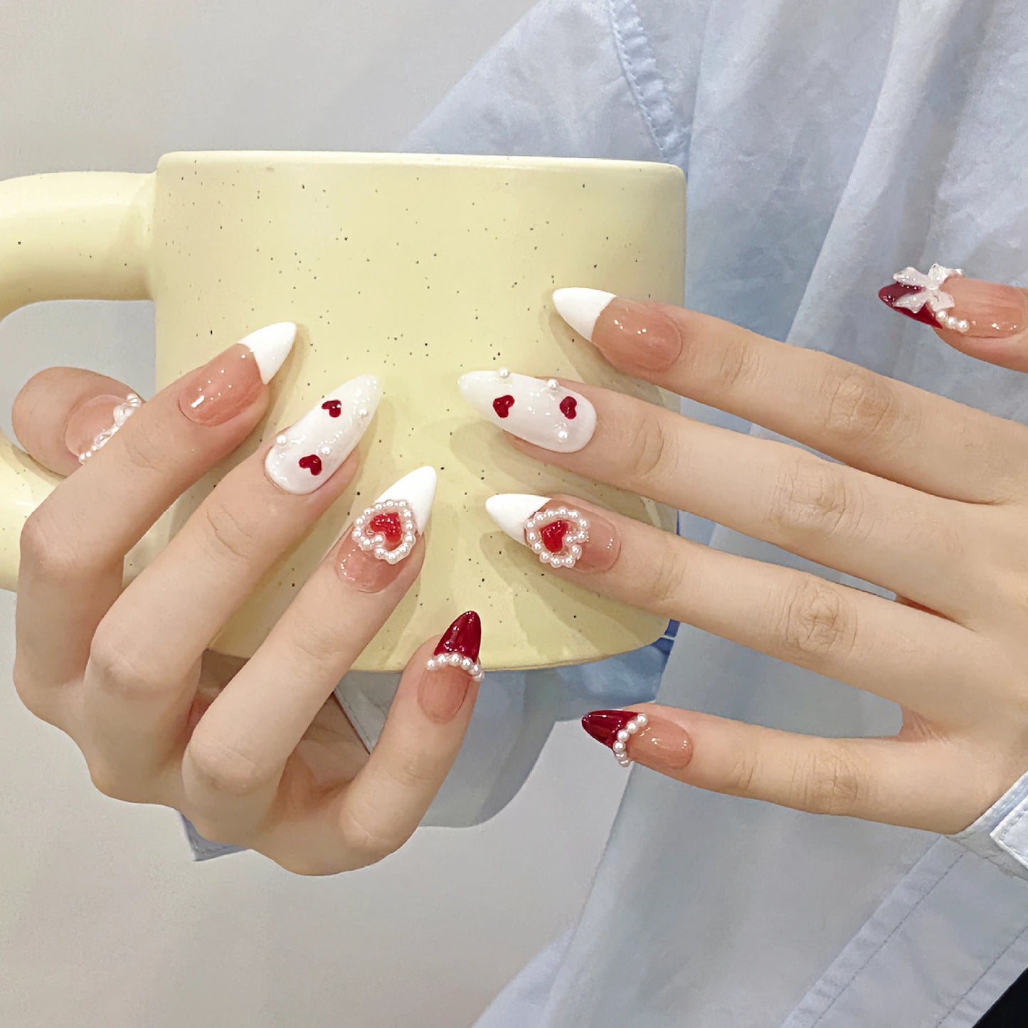 Purely Handmade Acrylic Almond Press-On French White Nail Tips with Love-Bow Design - Valentine's Day Special for Girls