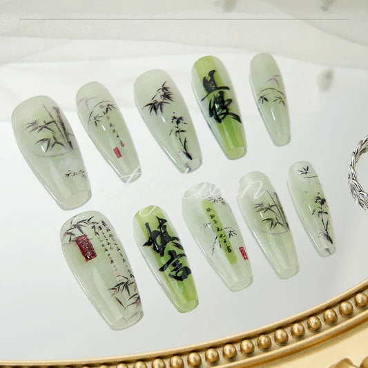 10PCS Chinese Bamboo Poetry Painting Press-On Nails - Long Acrylic Full Cover Reusable False Nails Set for Women