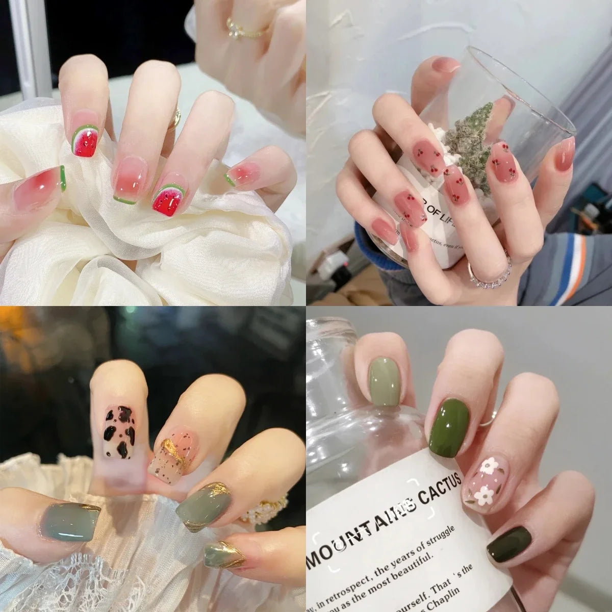 24Pcs Frozen Watermelon Kawaii Coffin Nails - Cute and Playful Handmade Press-On Nail Art Set for Women & Girls - 65 Different Model