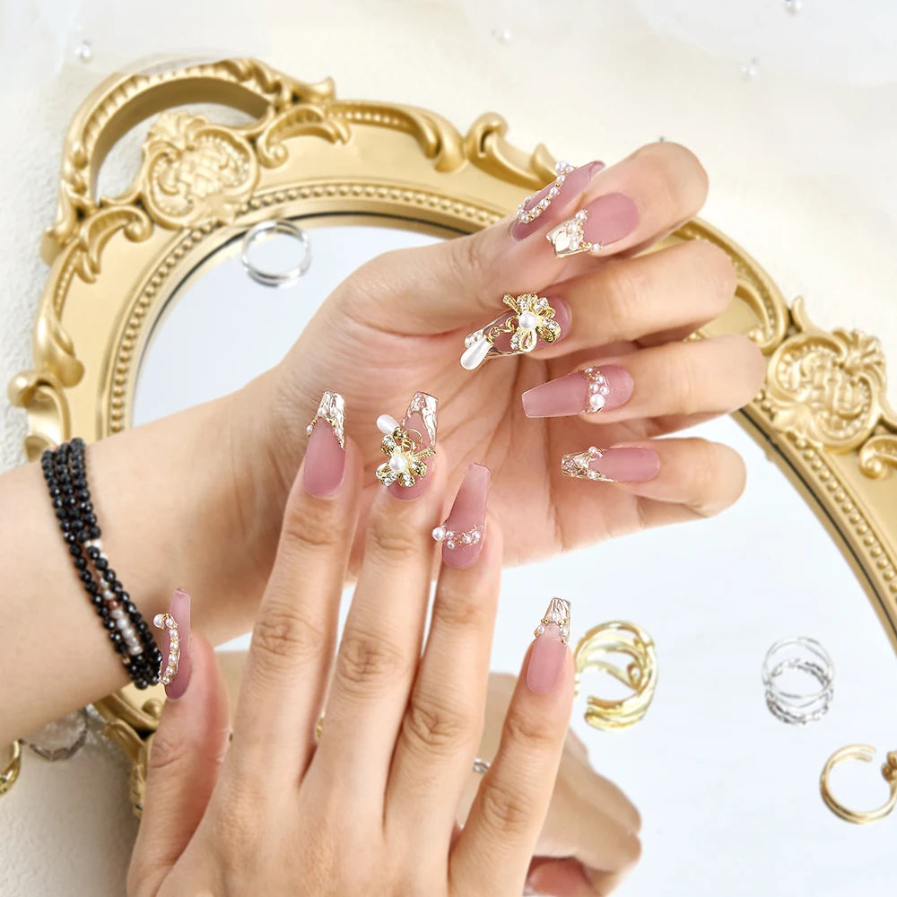 Luxury Handmade Press-On Nails Set with Pearl Decoration & Tool Kit - Long Acrylic False Nail Tips